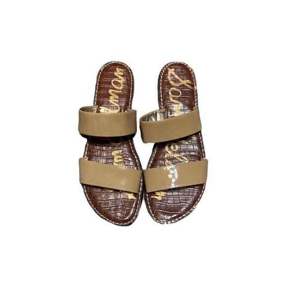 Sam Edelman Sandals Slipon Flats Two Strap Taupe Tan Beige Neutral Shiny Leather - Picture 1 of 9